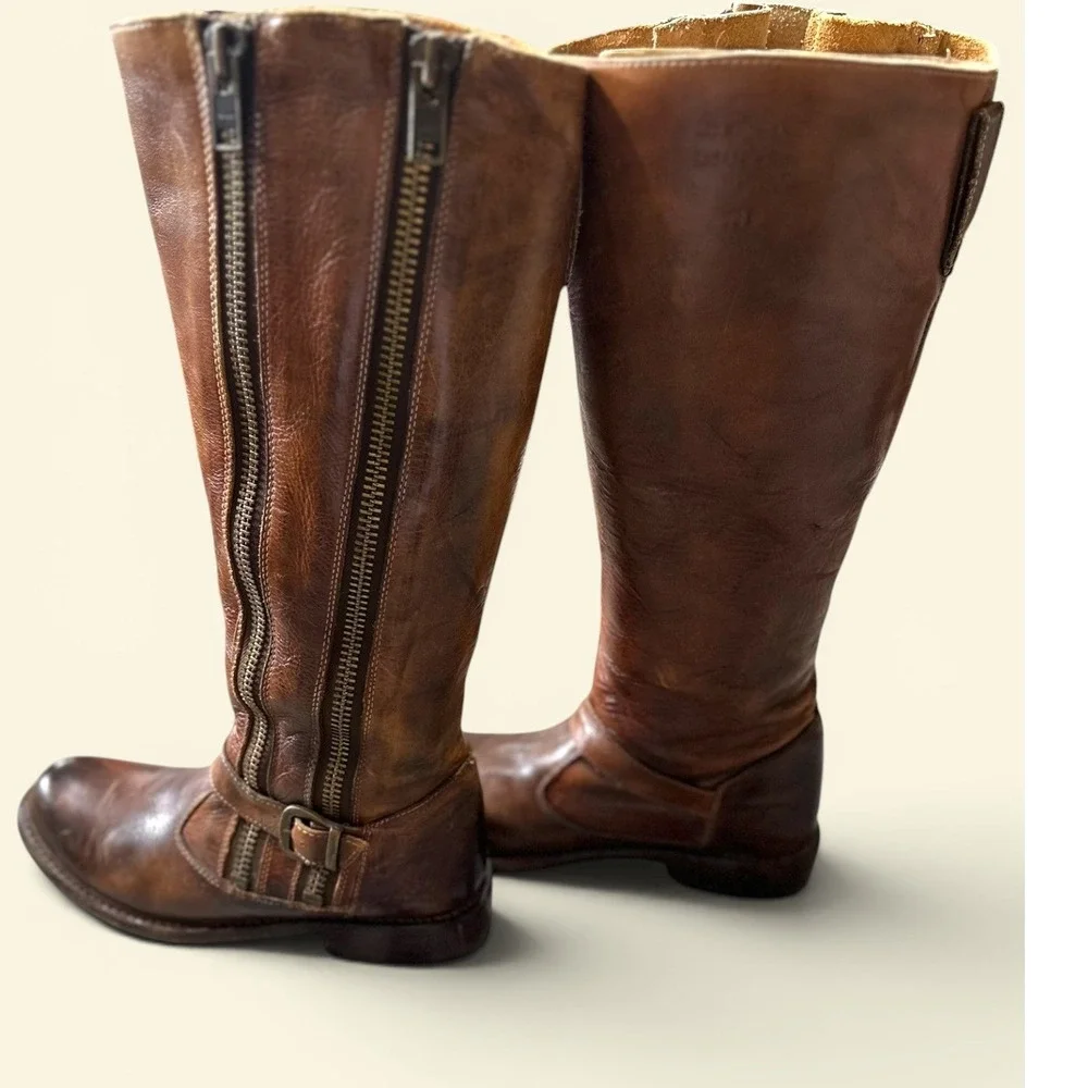 Bed Stu SZ 8 Manchester Tall Boots Brown Leather Distressed Double‎ Zip Buckle